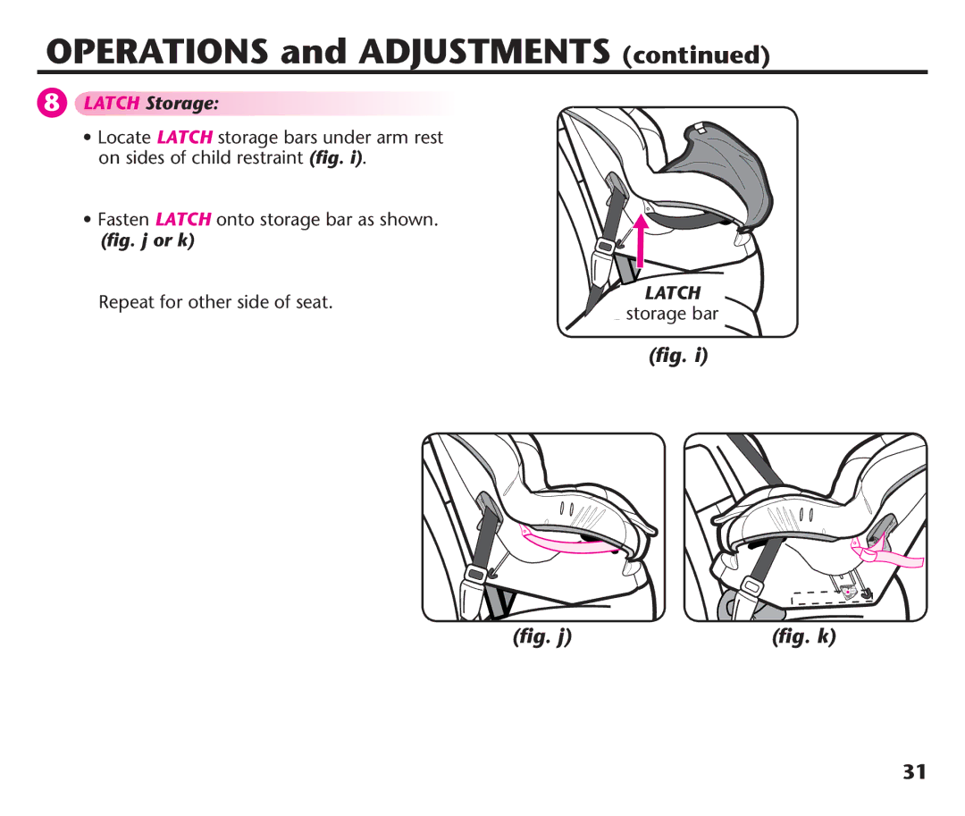 Graco 1758573, PD106974A manual Latch Storage, ﬁg. j or k, Repeat for other side of seat, Storage bar 