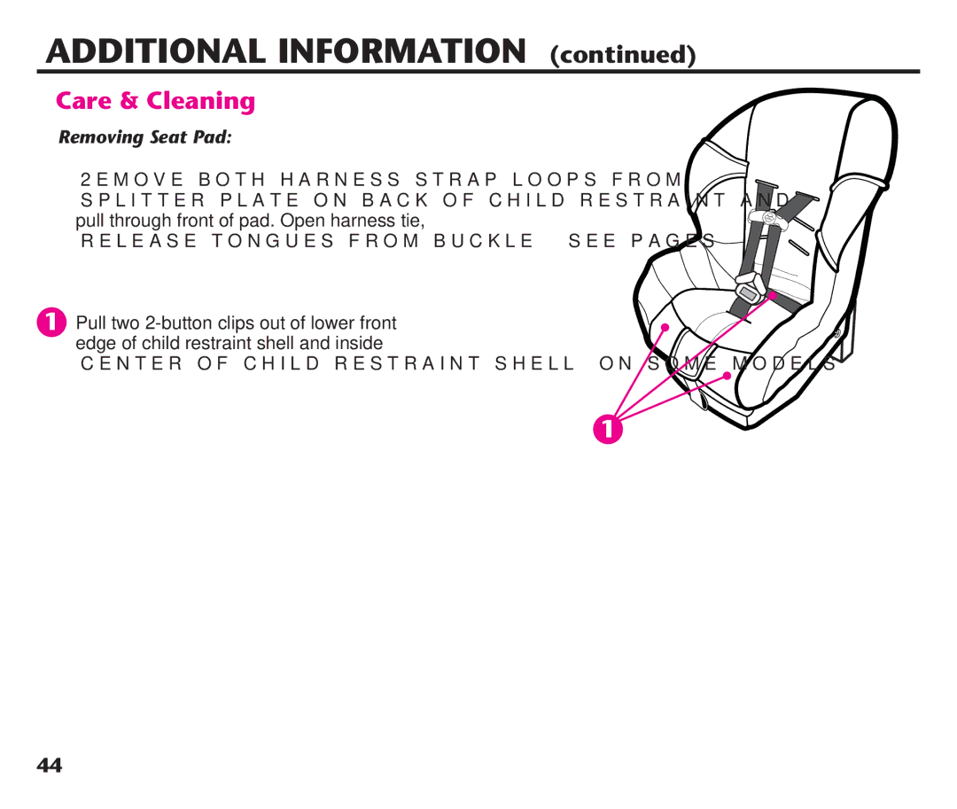 Graco PD106974A, 1758573 manual Care & Cleaning, Removing Seat Pad, Releaseetongues from BUCKLE SEEFPAGES  