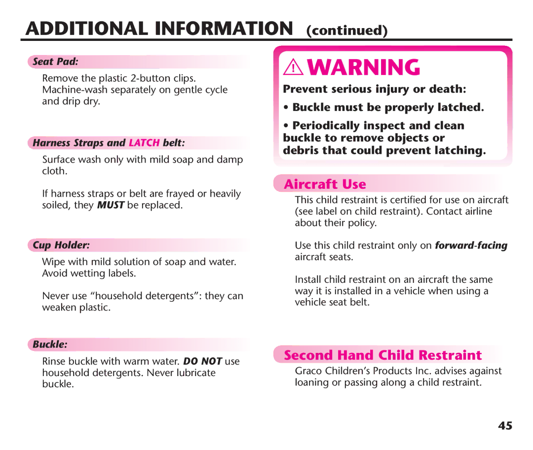 Graco 1758573, PD106974A manual Aircraft Use, Second Hand Child Restraint 