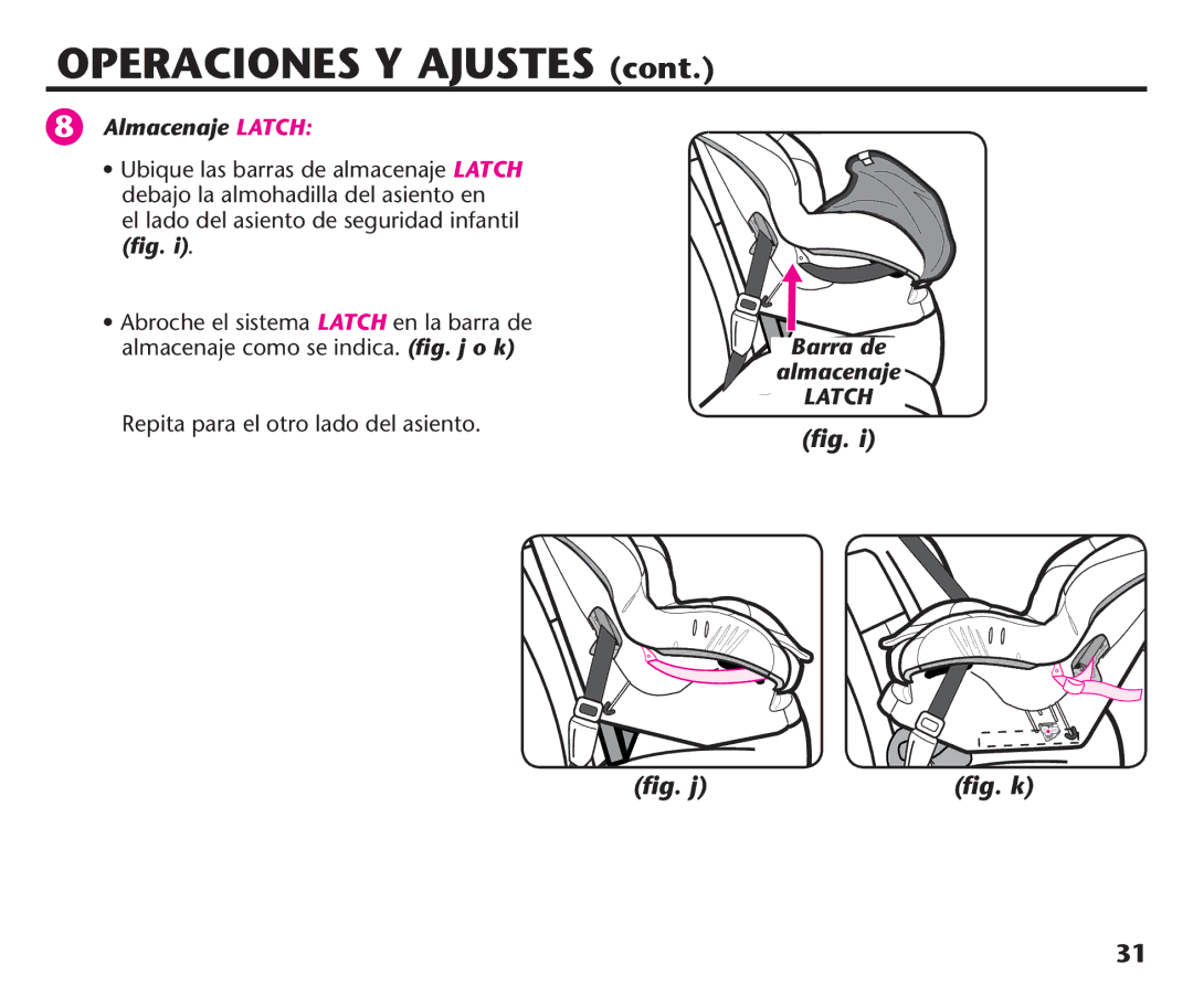 Graco 1758573, PD106974A manual Almacenaje Latch, El lado del asiento de seguridad infantil ﬁg, Barra de almacenaje 