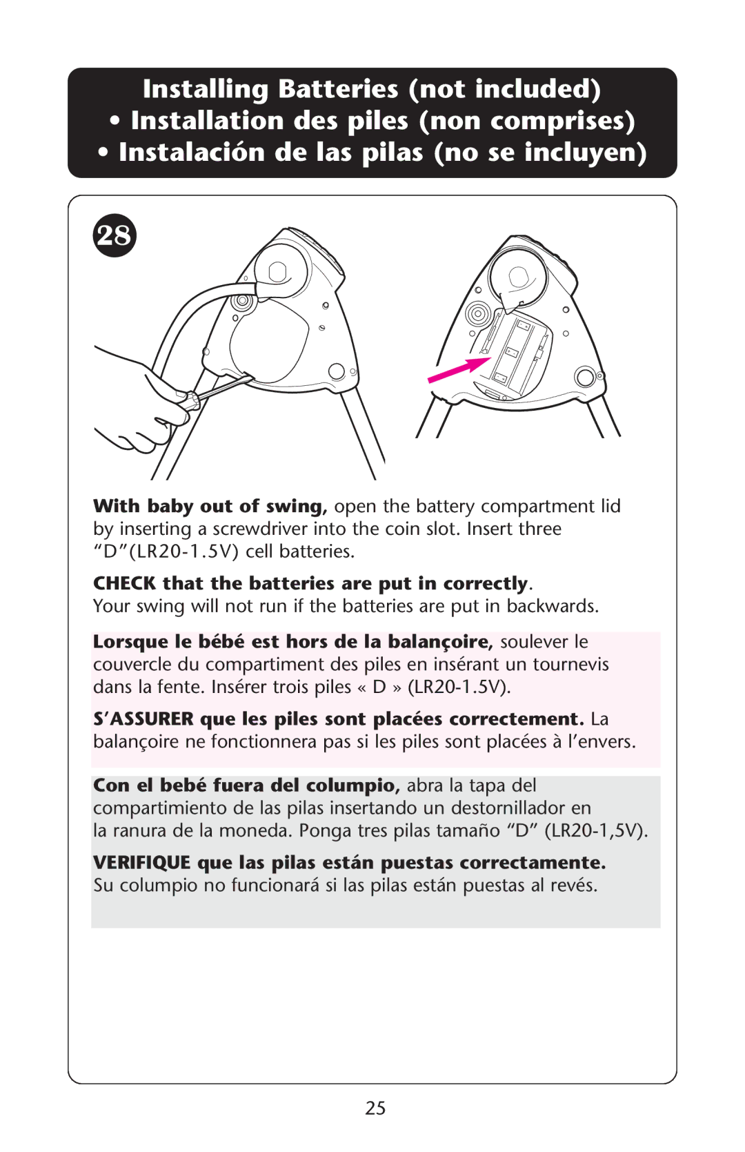 Graco PD107647A owner manual Check that the batteries are put in correctly 