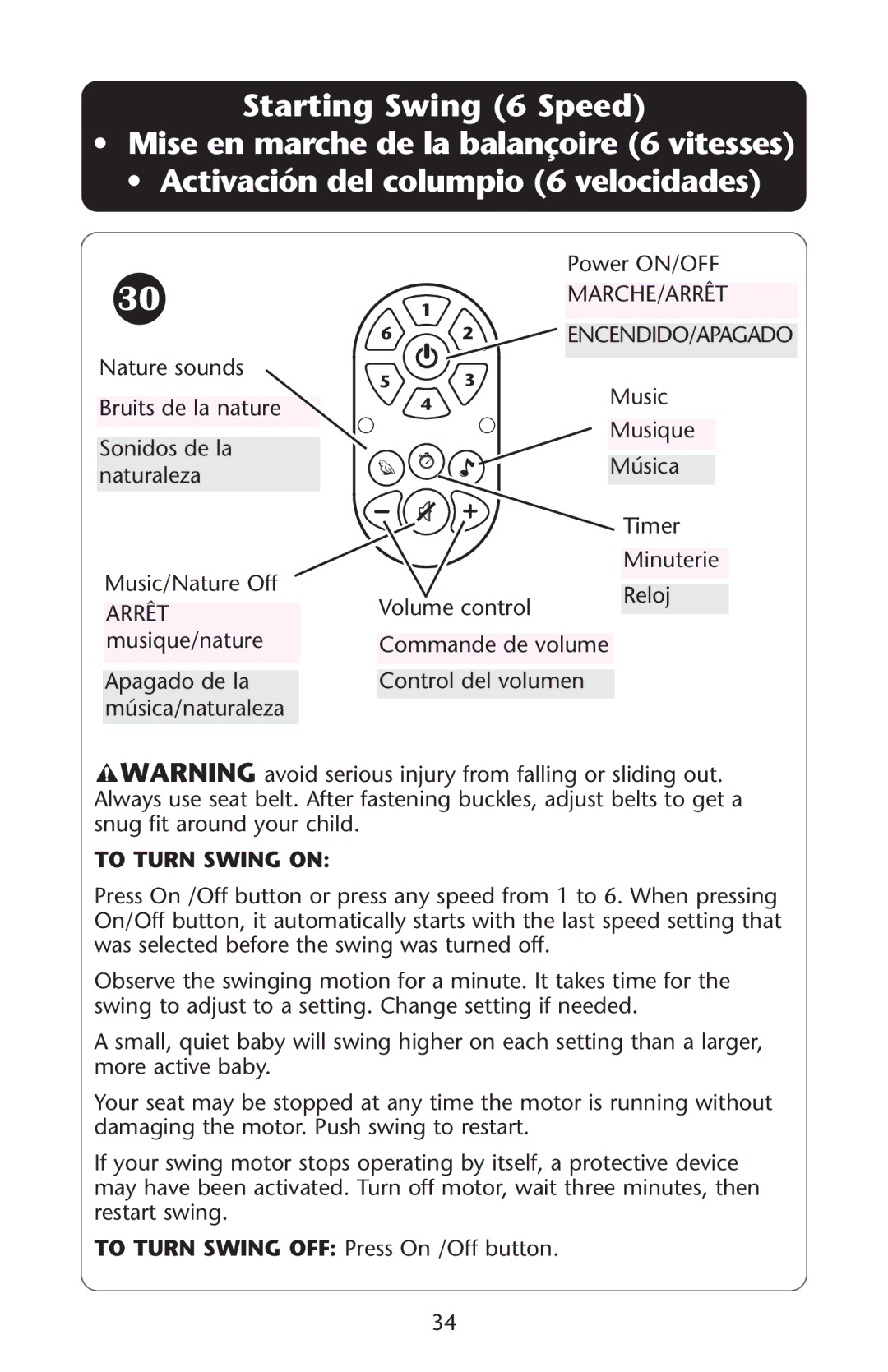 Graco PD107647A owner manual Encendido/Apagado, To Turn Swing on 