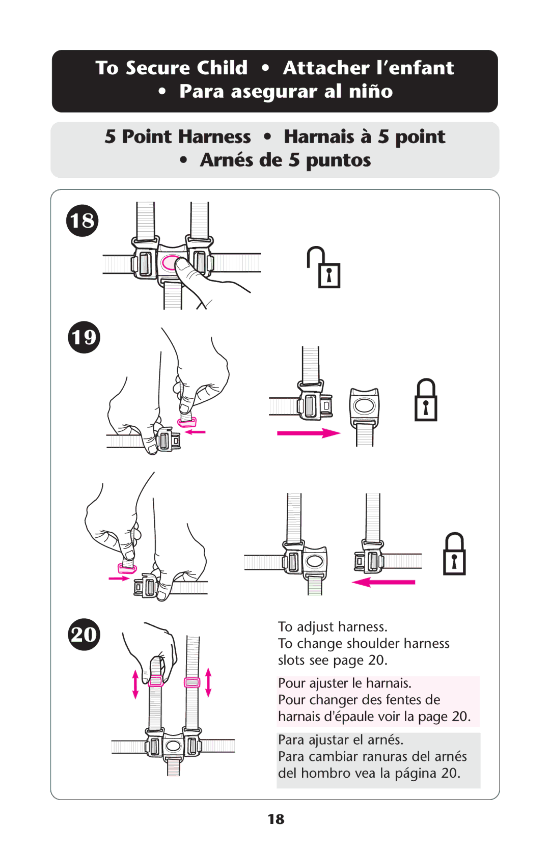 Graco PD108195A To Secure Child Attacher l’enfant Para asegurar al niño, To adjust harness, To change shoulder harness 