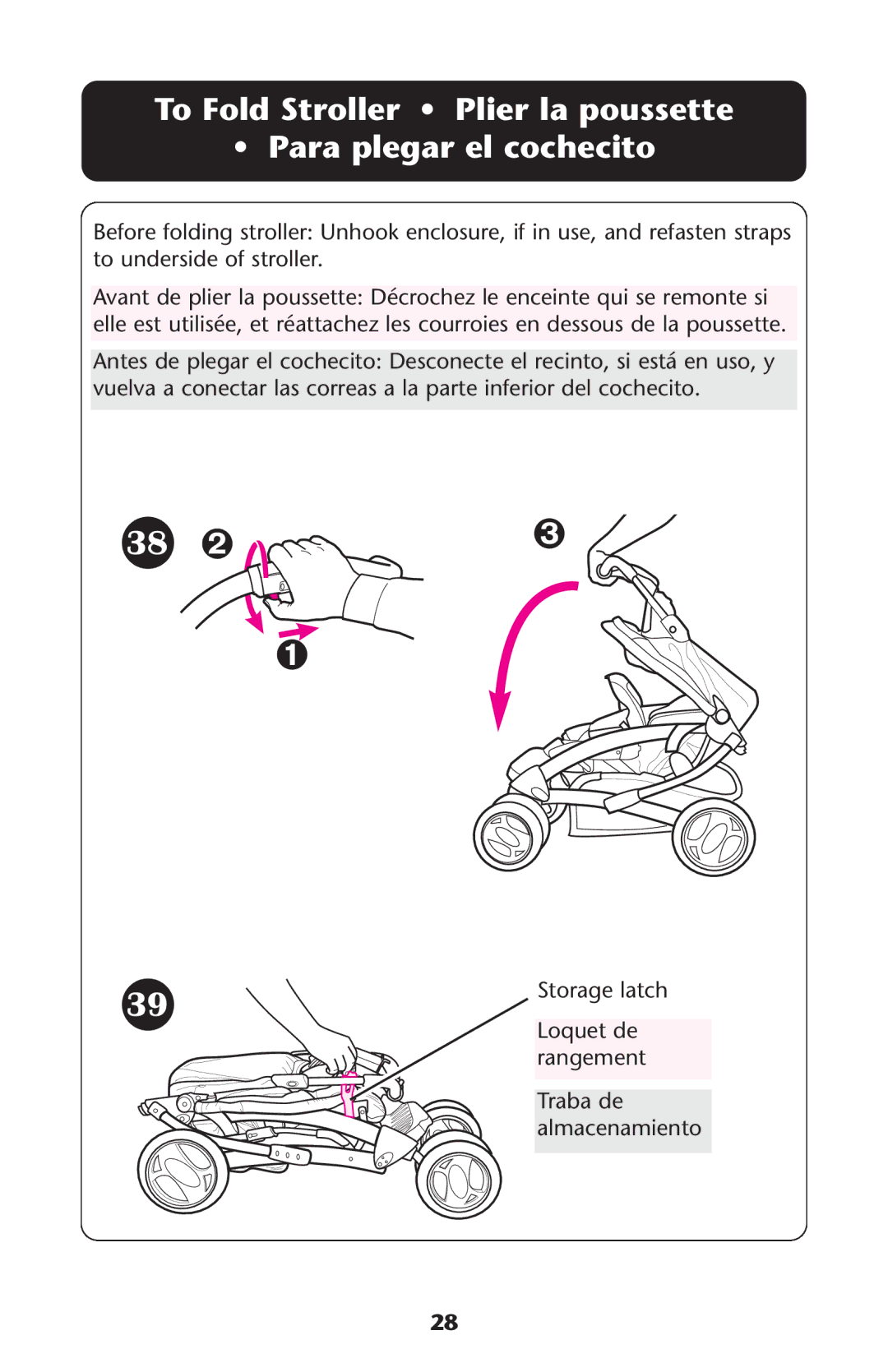 Graco PD108195A, 1749531 owner manual Storage latch, Loquet de rangement Traba de almacenamiento 