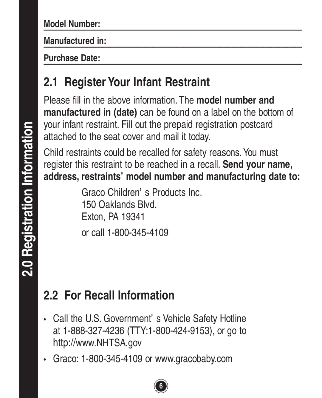 Graco PD108195A, 1749531 owner manual Registration Information, Register Your Infant Restraint, For Recall Information 