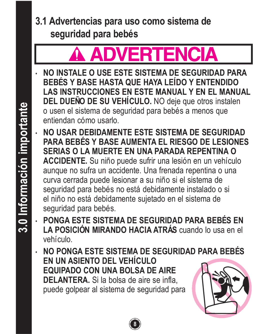 Graco PD108195A, 1749531 owner manual Información importante, Advertencias para uso como sistema de seguridad para bebés 