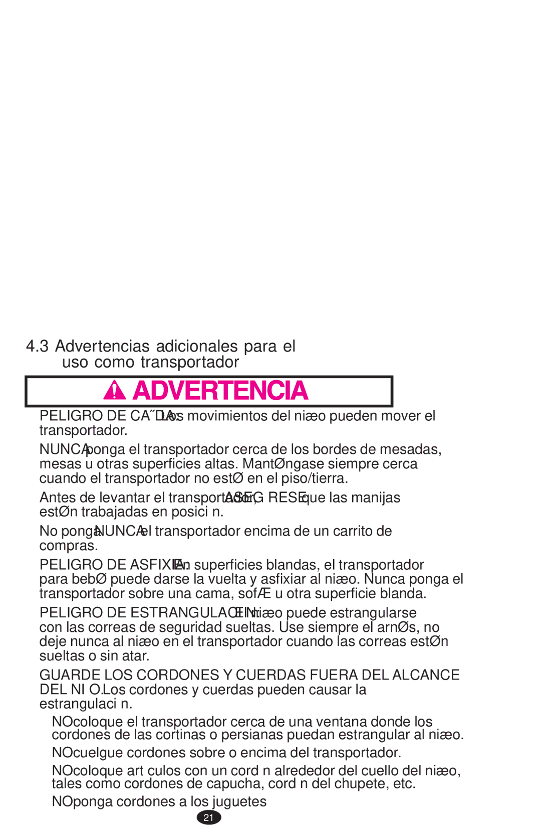 Graco PD108195A owner manual Advertencias adicionales para el uso como transportador 