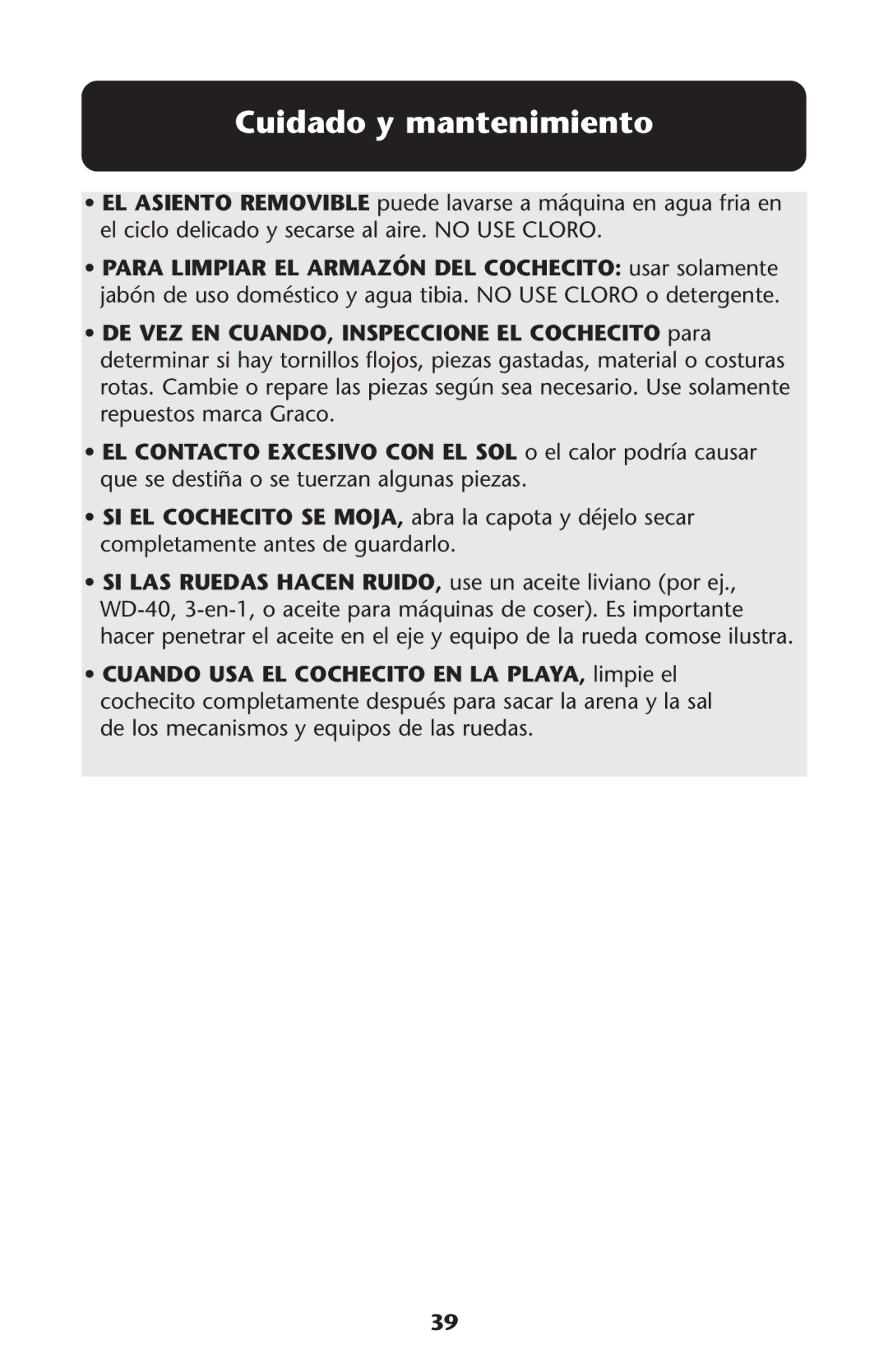 Graco PD108195A owner manual Cuidado y mantenimiento 