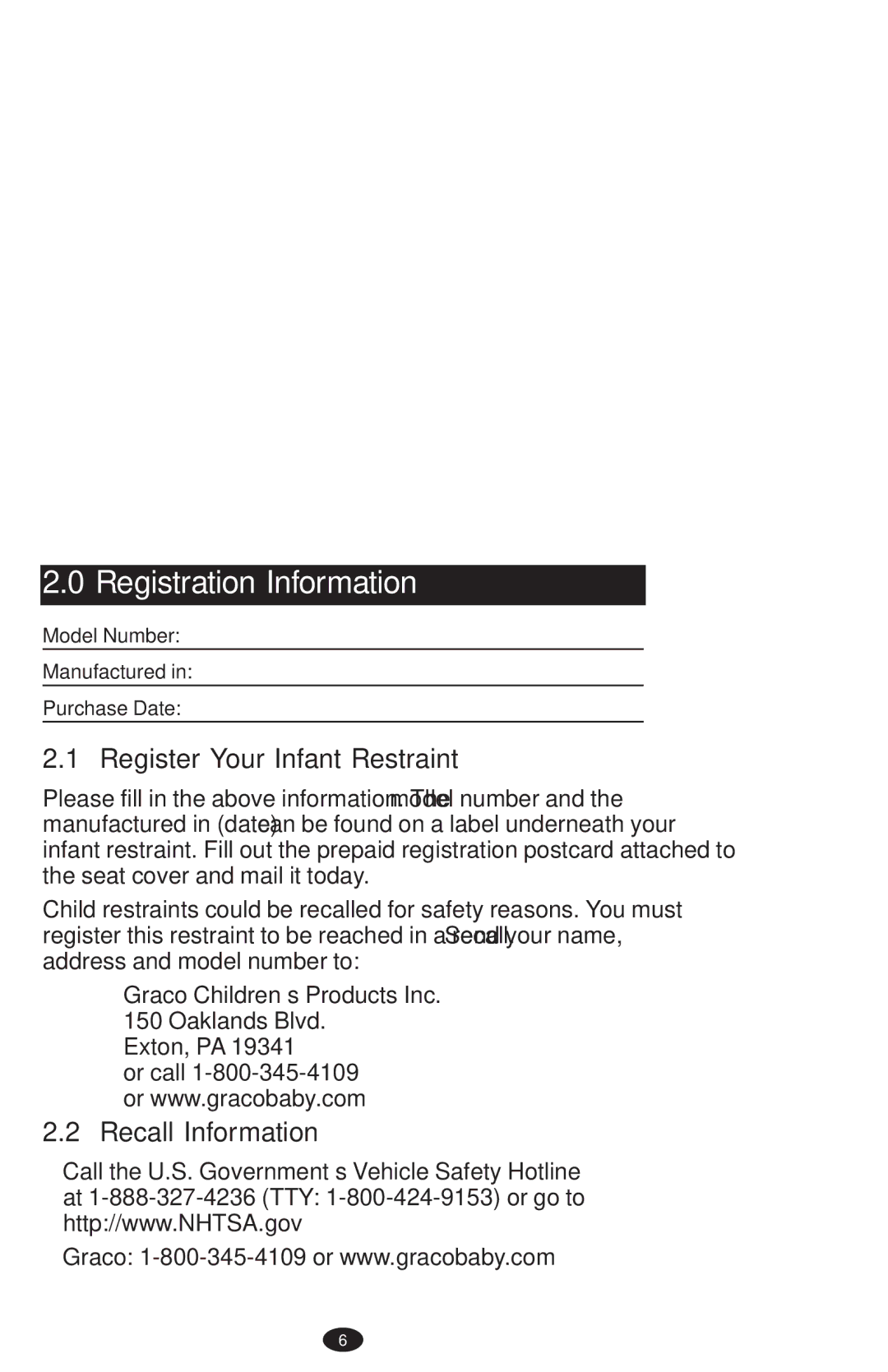 Graco PD108195A owner manual Registration Information, Register Your Infant Restraint, Recall Information 