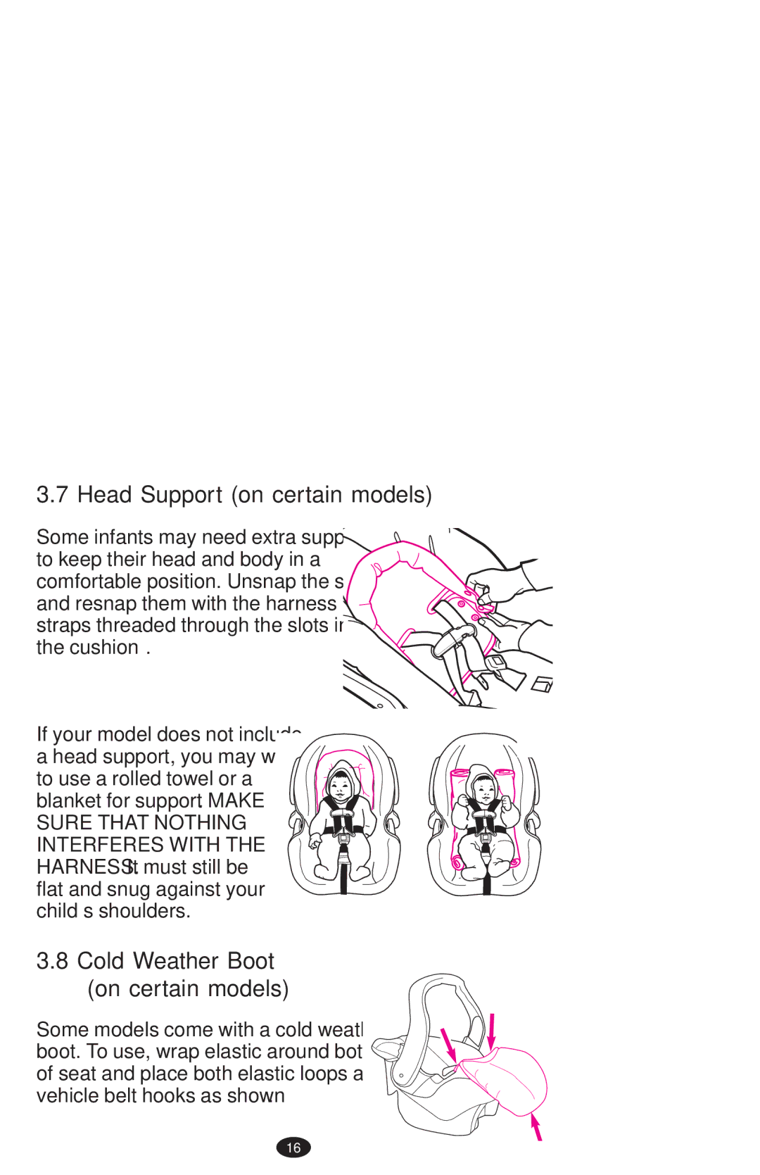 Graco PD108195A owner manual Head Support on certain models, Cold Weather Boot On certain models 