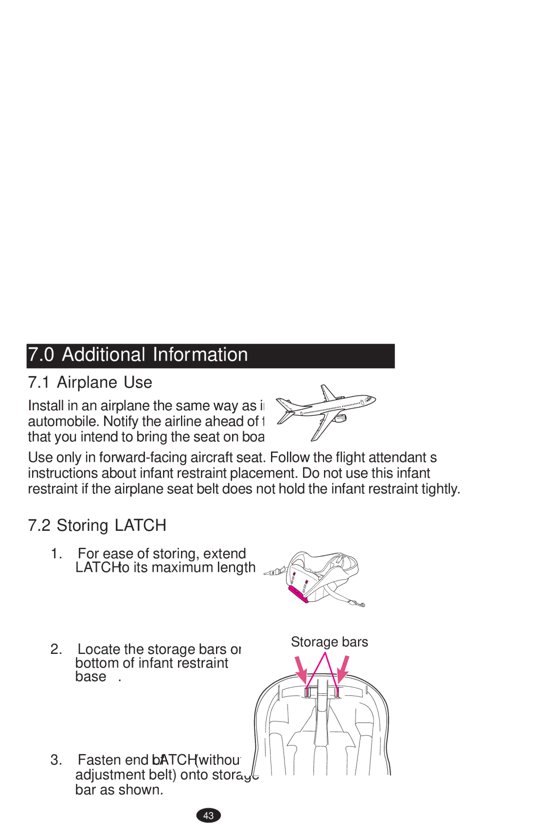 Graco PD108195A owner manual Additional Information, Airplane Use, Storing Latch 