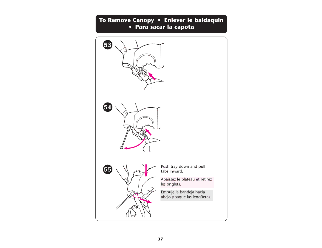 Graco 1753039, PD108602A owner manual To Remove Canopy Enlever le baldaquin Para sacar la capota 