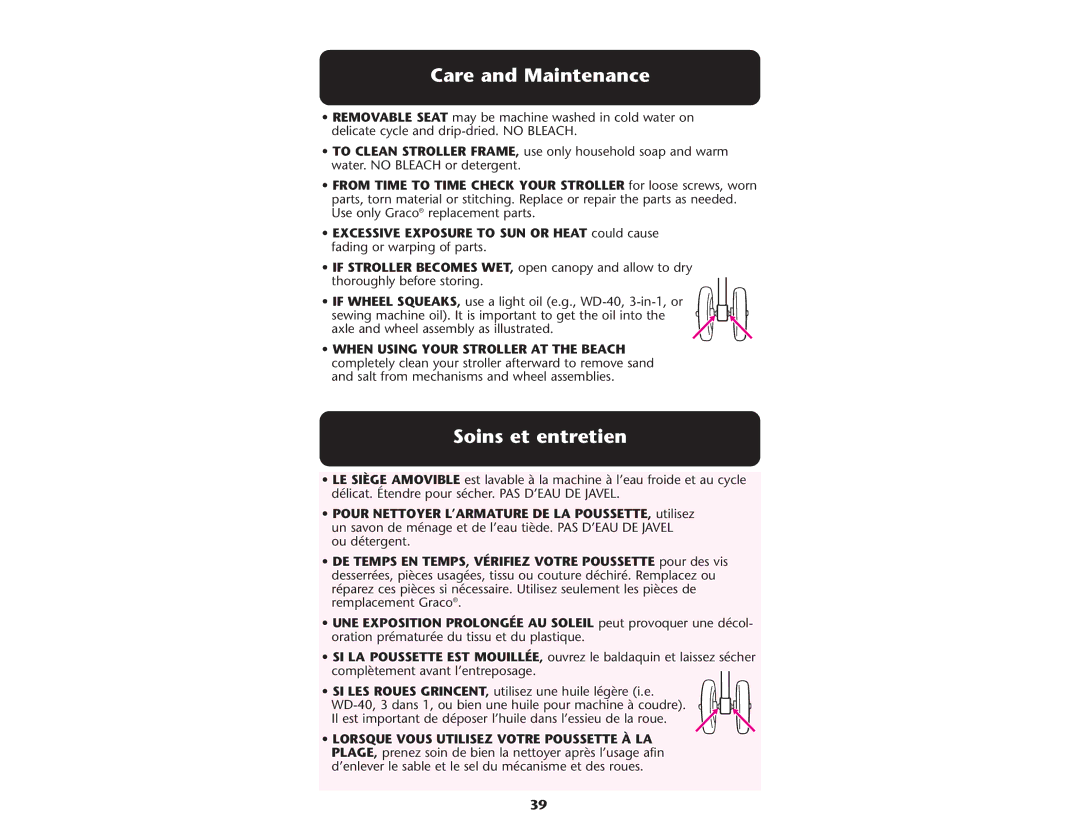 Graco 1753039, PD108602A owner manual Care and Maintenance, Soins et entretien 