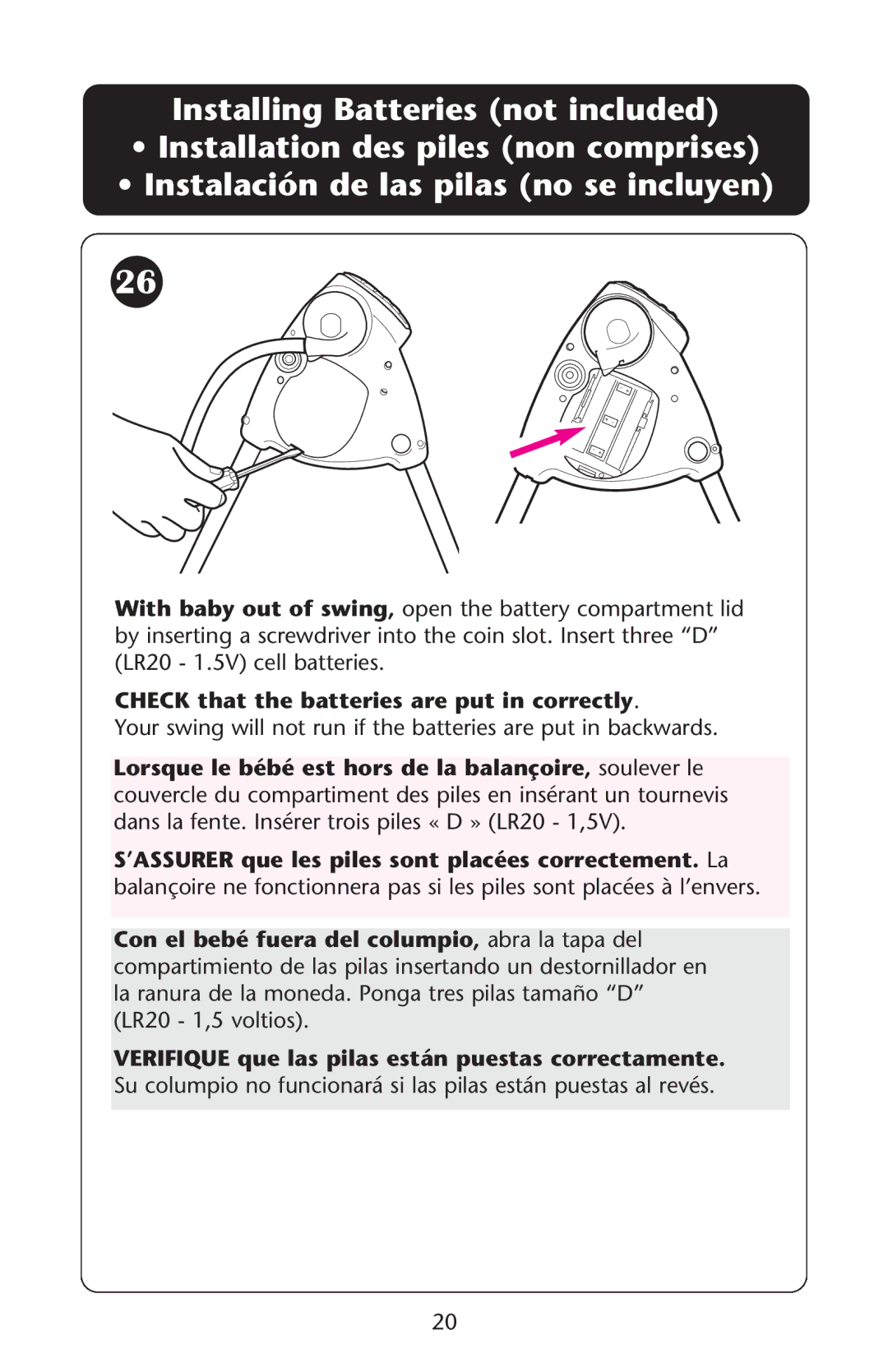 Graco PD108971A 11/08 owner manual Check that the batteries are put in correctly 