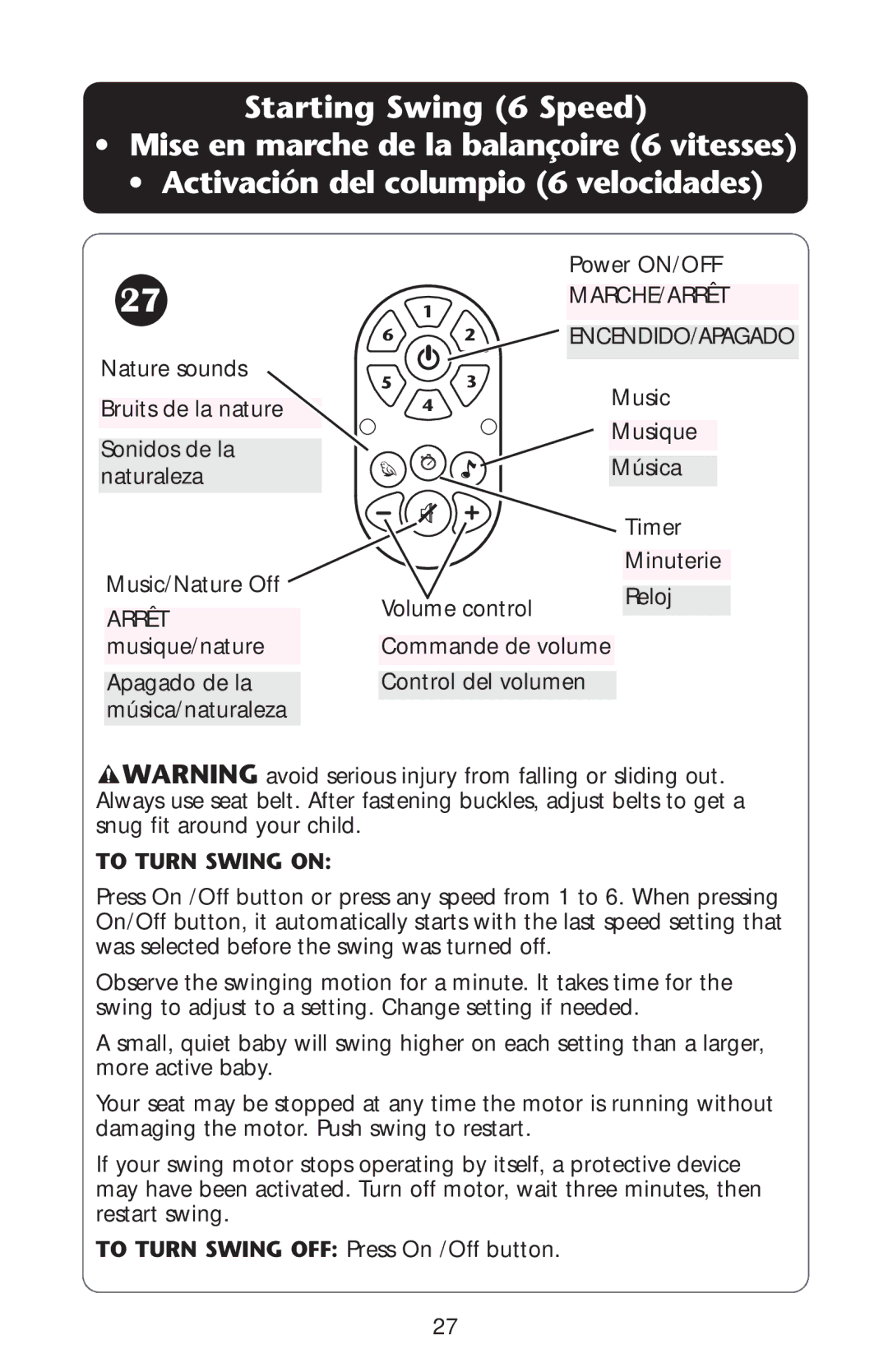 Graco PD108971A 11/08 owner manual Marche/Arrêt, To Turn Swing on 