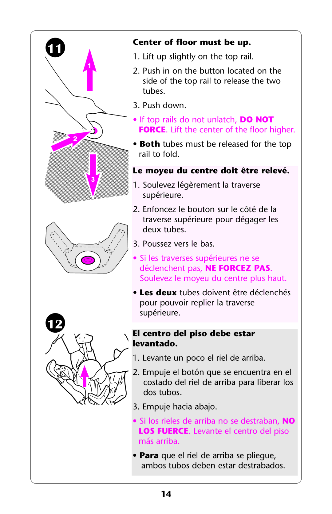 Graco PD114224B Center of floor must be up, Le moyeu du centre doit être relevé, El centro del piso debe estar levantado 