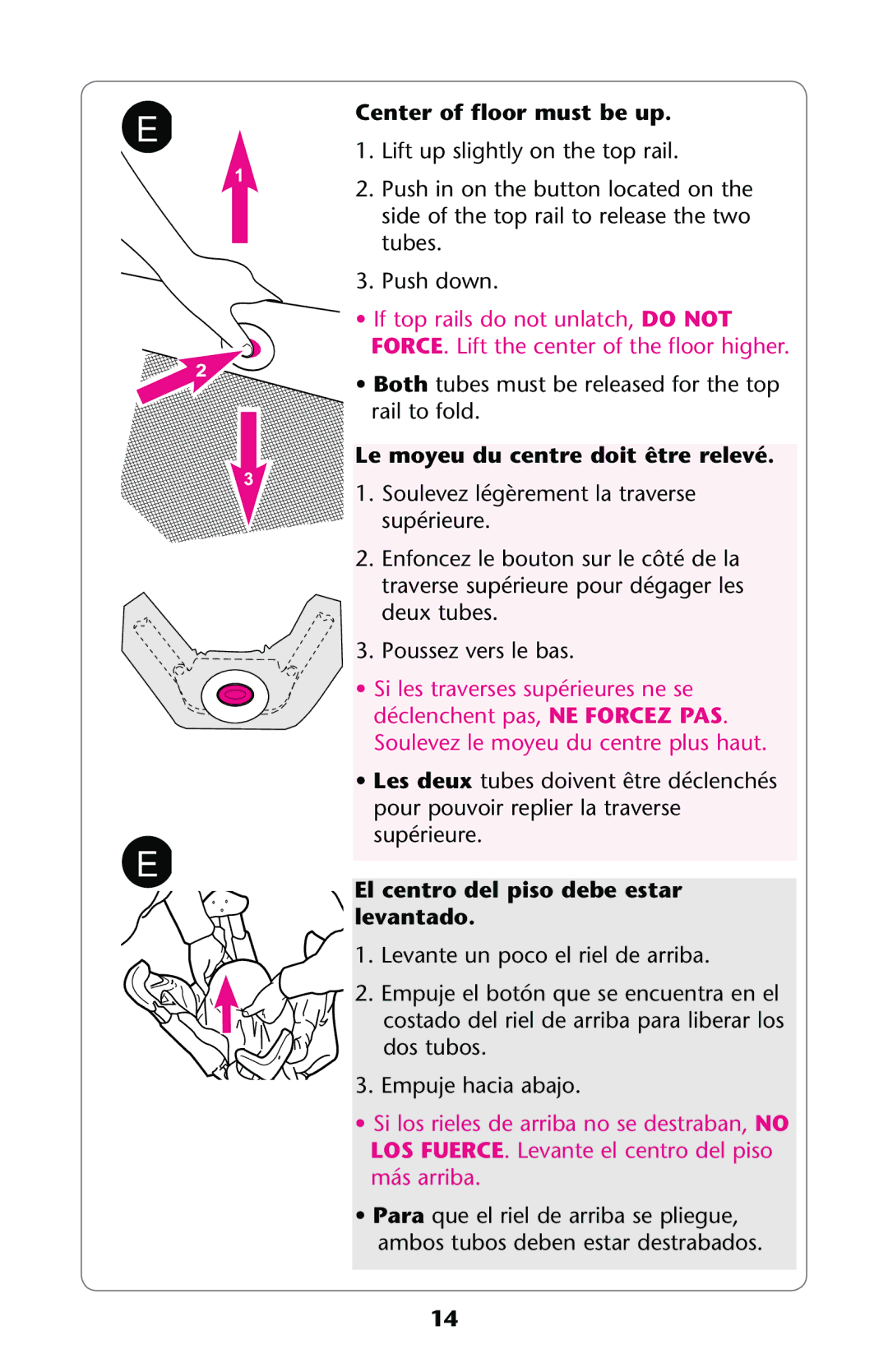 Graco PD114224C Center of floor must be up, Le moyeu du centre doit être relevé, El centro del piso debe estar levantado 