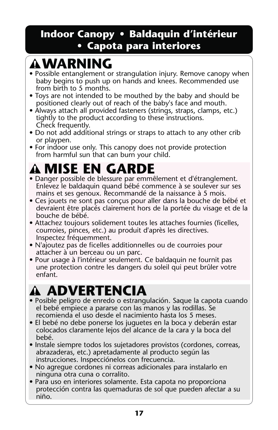 Graco PD114224C owner manual Mise EN Garde, Indoor Canopy Baldaquin d’intérieur Capota para interiores 