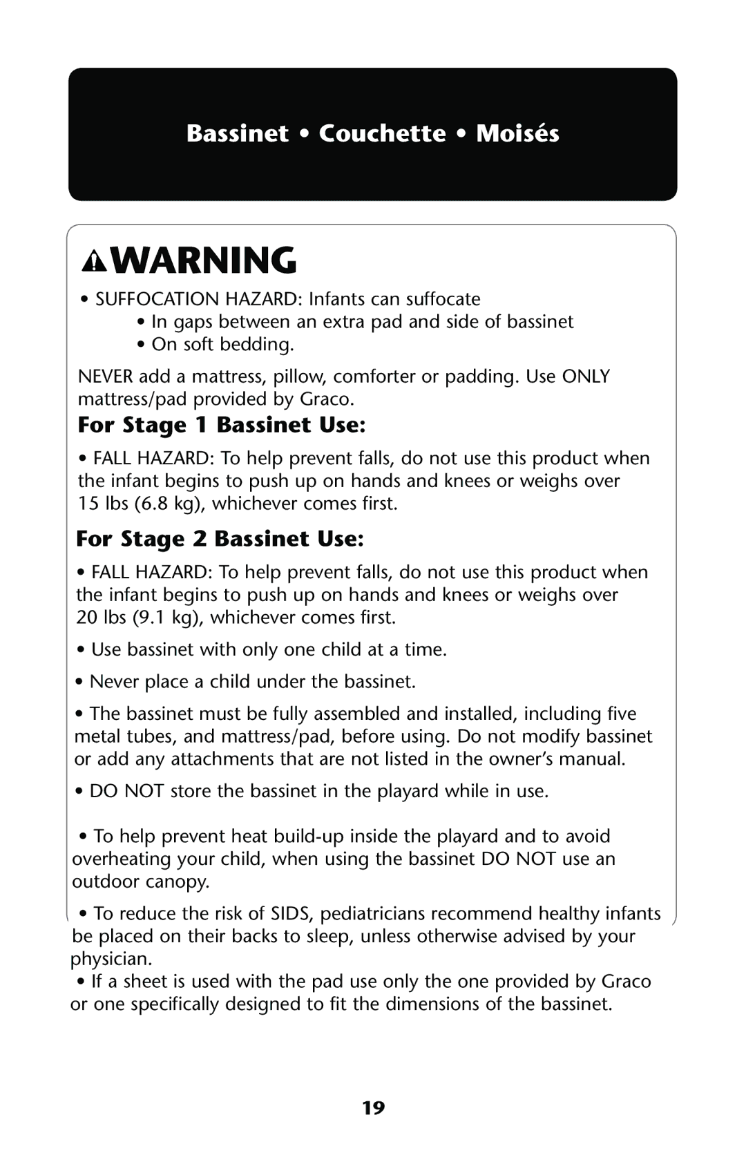 Graco PD114224C owner manual For Stage 1 Bassinet Use, For Stage 2 Bassinet Use 