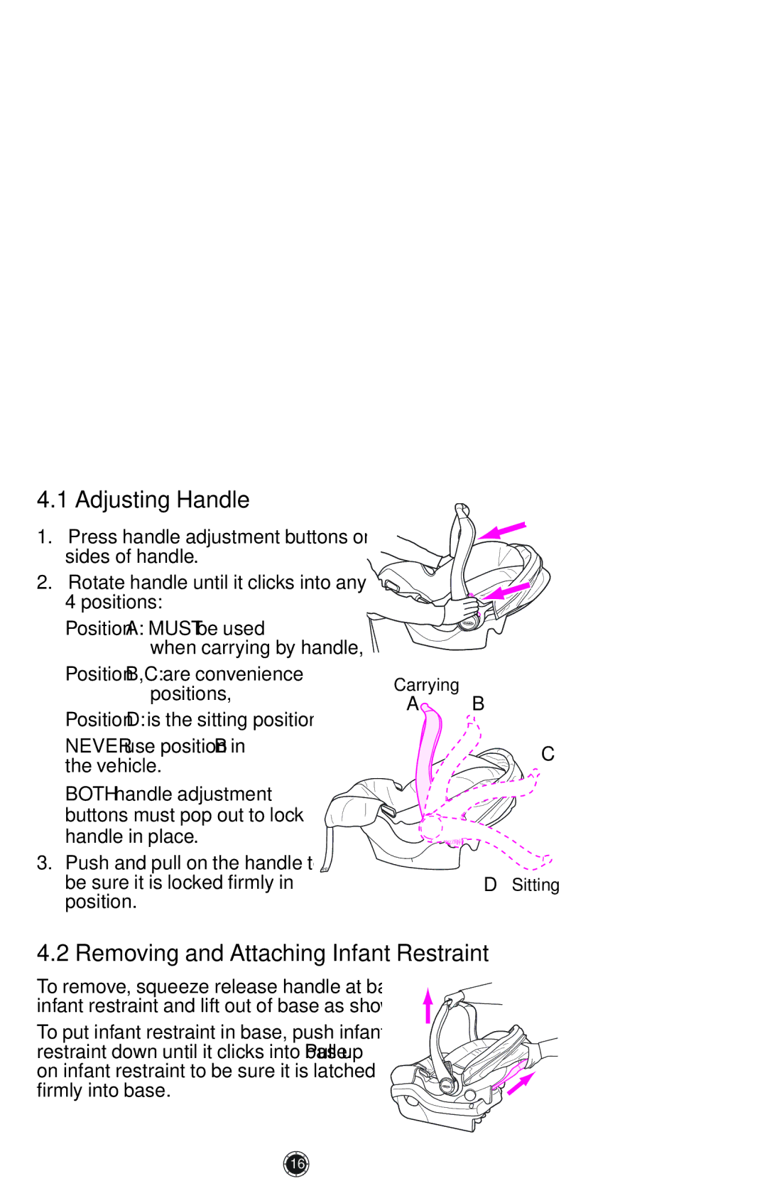 Graco 1772343, PD117254A, 1759703 manual Adjusting Handle, Removing and Attaching Infant Restraint 