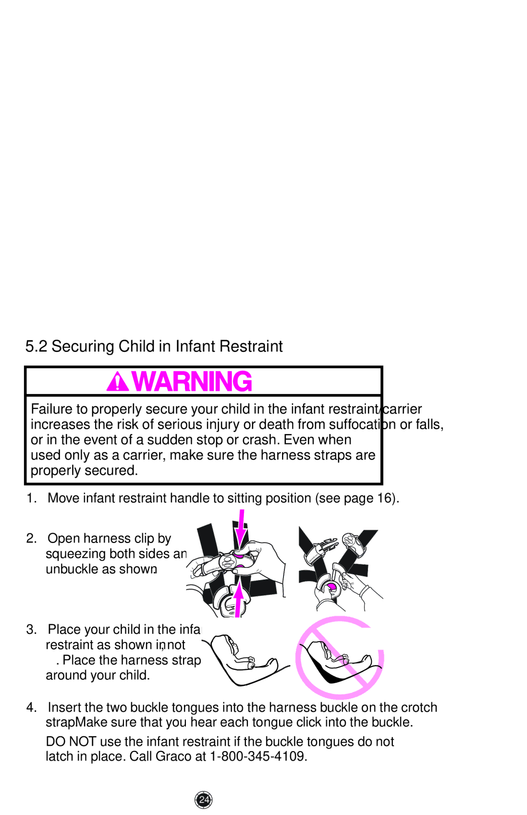 Graco PD117254A, 1772343, 1759703 manual Securing Child in Infant Restraint 