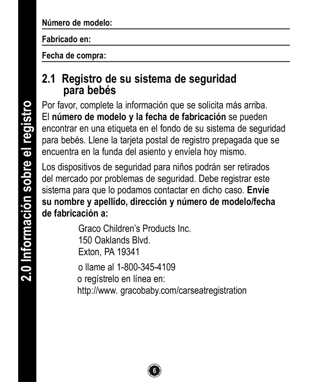 Graco 1759703, PD117254A, 1772343 manual Información sobre el registro, Registro de su sistema de seguridad para bebés 