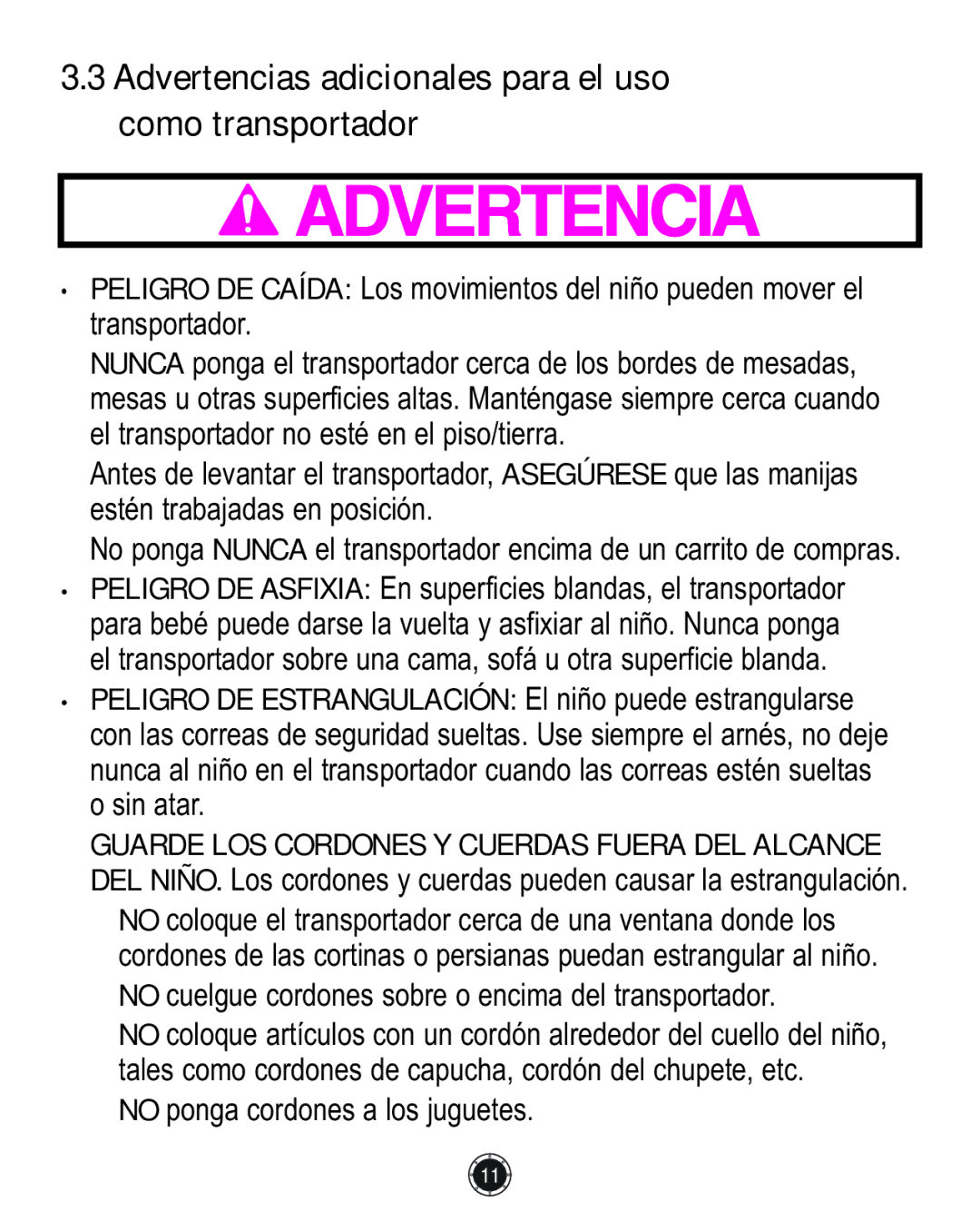 Graco 1772343, PD117254A, 1759703 manual Advertencias adicionales para el uso como transportador 