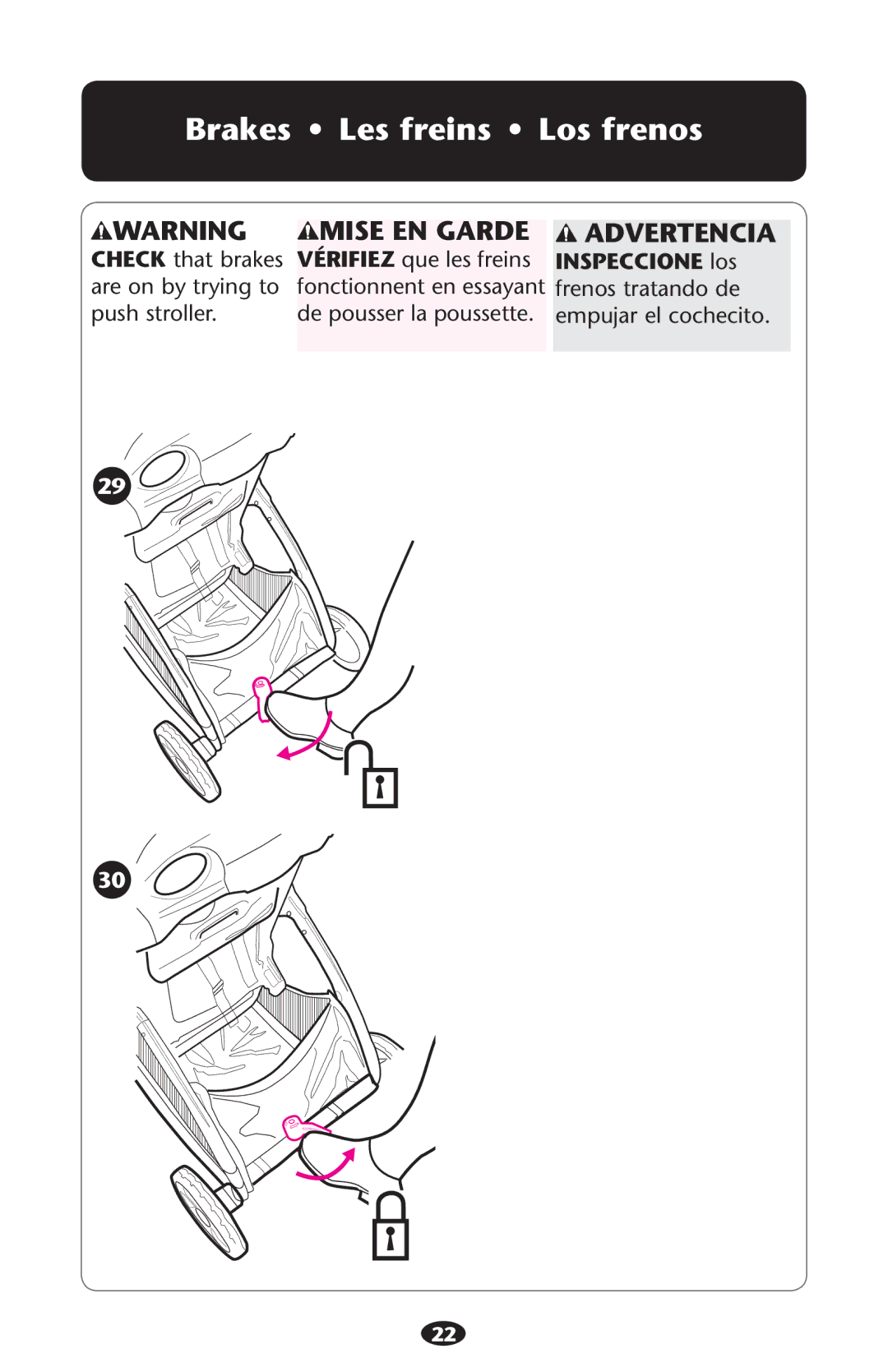 Graco PD117254B owner manual Brakes Les freins Los frenos, Advertencia 