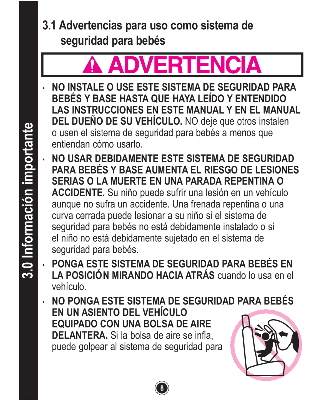 Graco PD117254B owner manual Información importante, Advertencias para uso como sistema de seguridad para bebés 