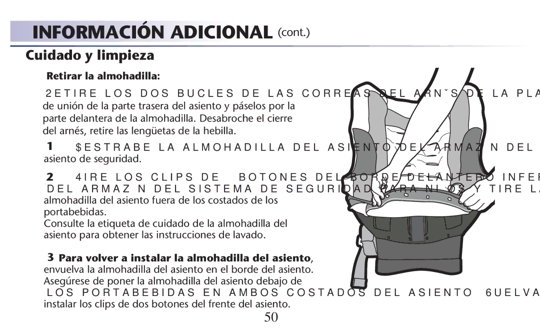 Graco 1773713, PD117812A, 1756269, 1757084, 1756268, 1765438, 1757133, 1770576 Cuidado y limpieza, Retirar la almohadilla 