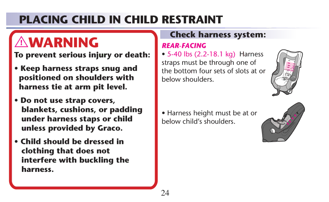 Graco 1757084, PD117812A, 1773713, 1756269, 1756268, 1765438, 1757133 Placing Child in Child Restraint, Check harness system 