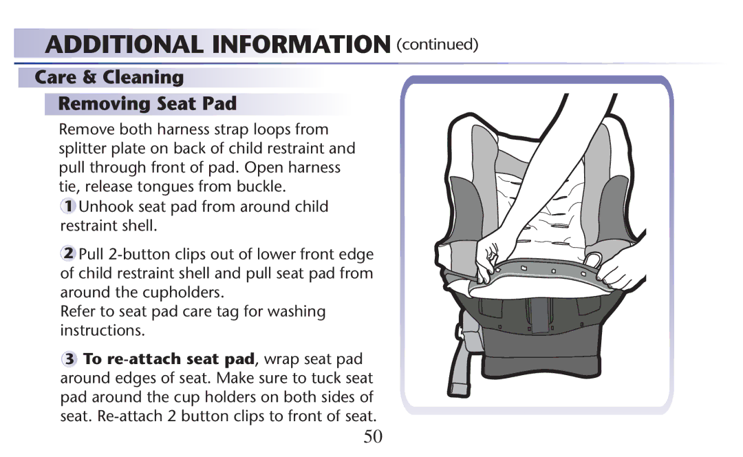 Graco 1769162, PD117812A, 65, 1773713, 1756269 TIE Release Tongues from BUCKLEG, To re-attach seat pad, wrap seat pad 