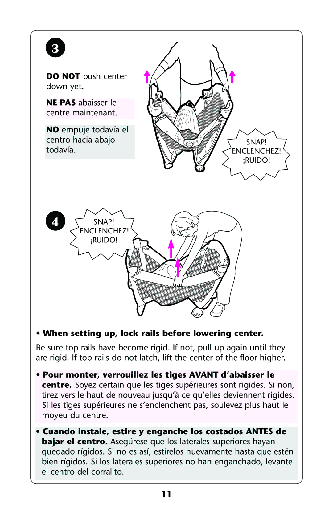 Graco PD120168B owner manual When setting up, lock rails before lowering center 