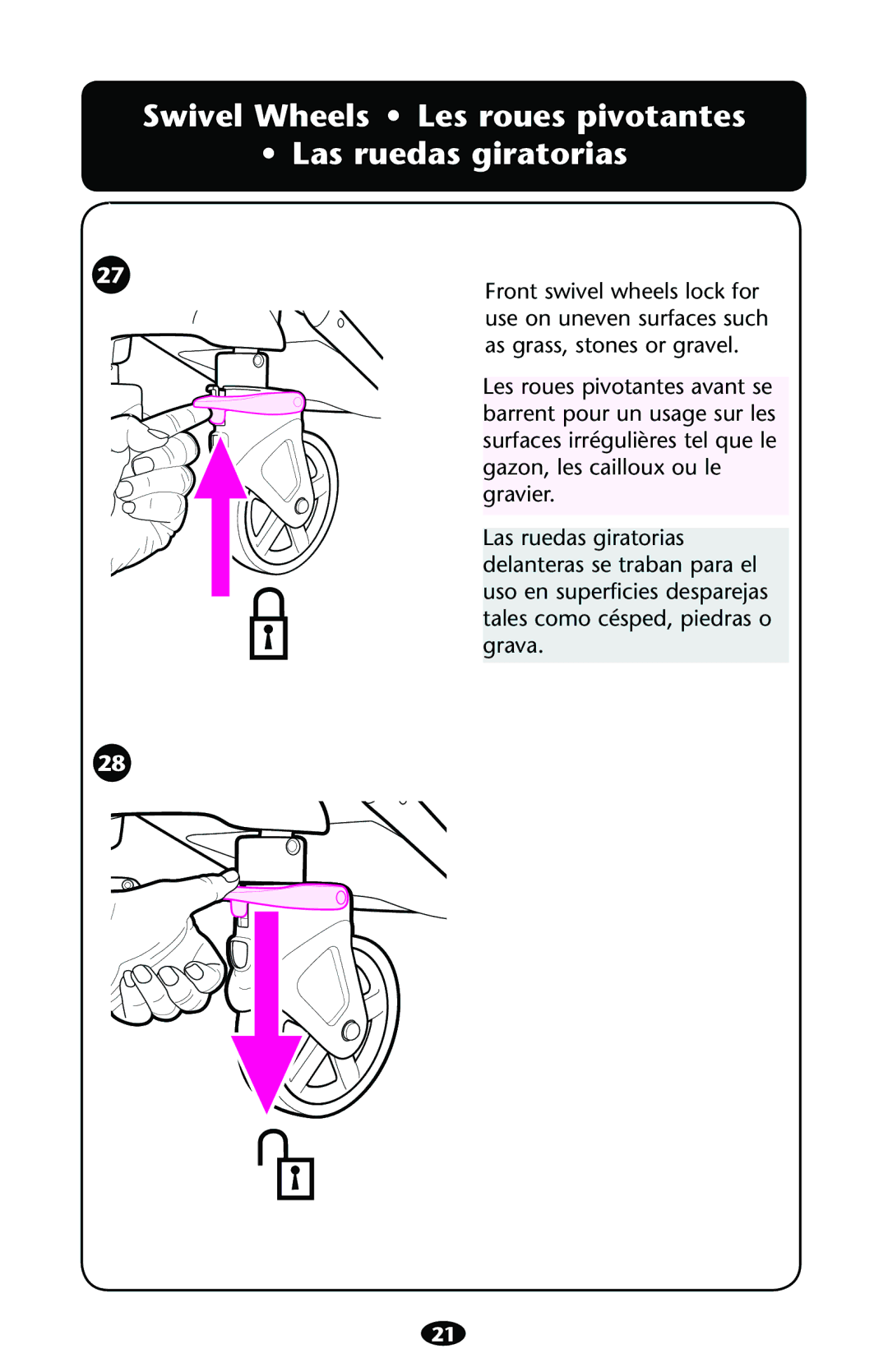 Graco PD121152B 1/11 owner manual Swivel Wheels Les roues pivotantes Las ruedas giratorias 