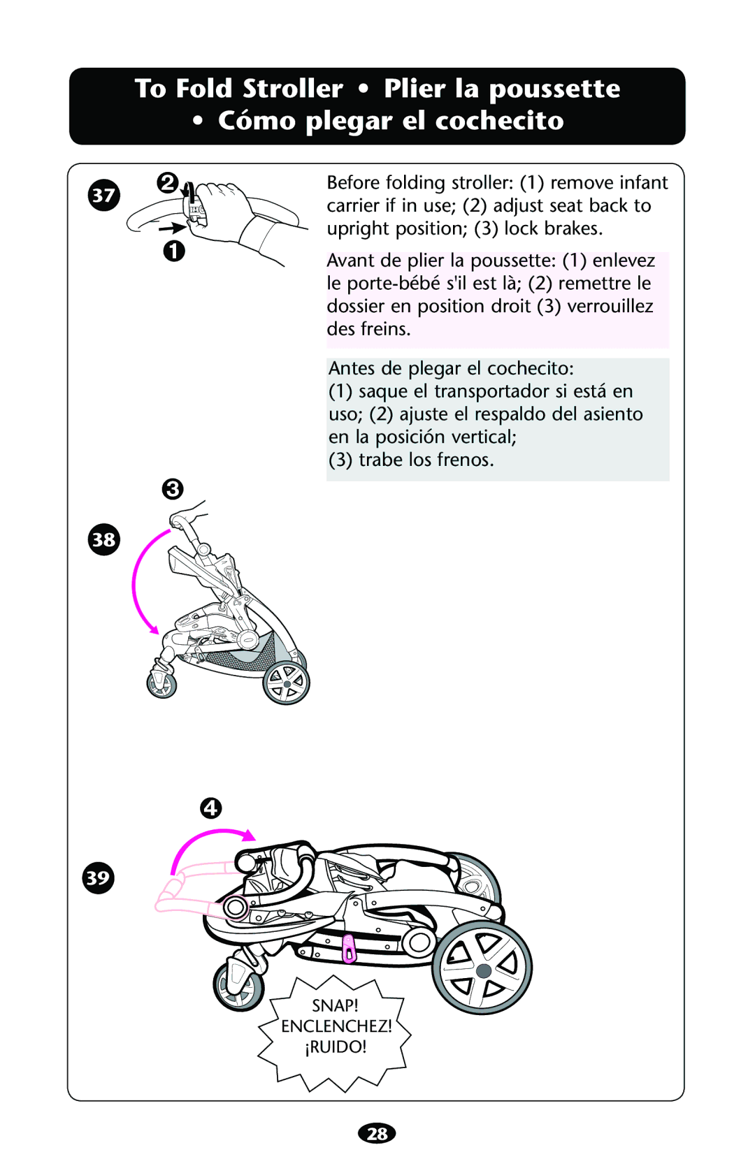 Graco PD121152B 1/11 owner manual To Fold Stroller Plier la poussette Cómo plegar el cochecito 