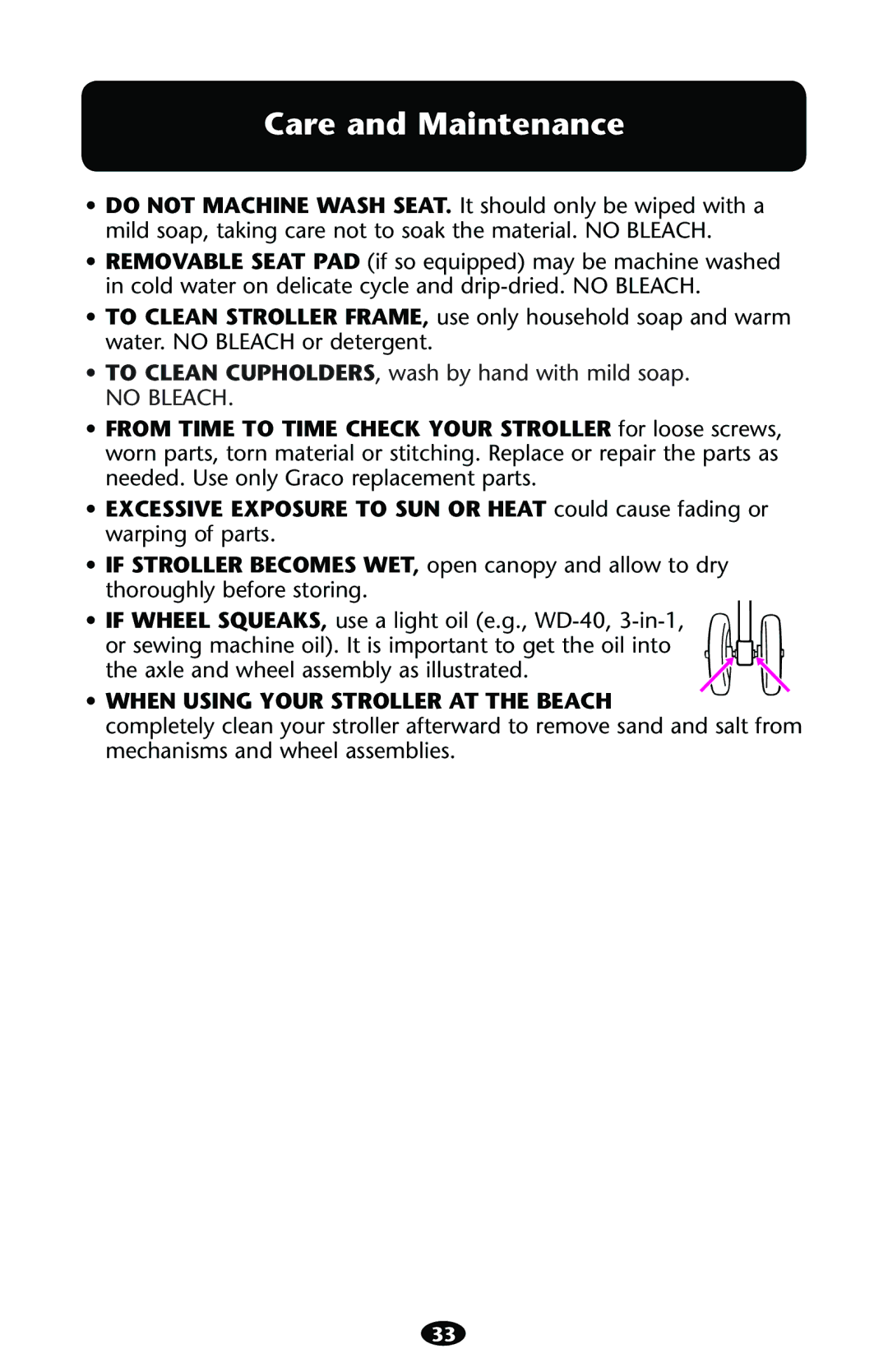 Graco PD121152B 1/11 owner manual Care and Maintenance, When Using Your Stroller AT the Beach 