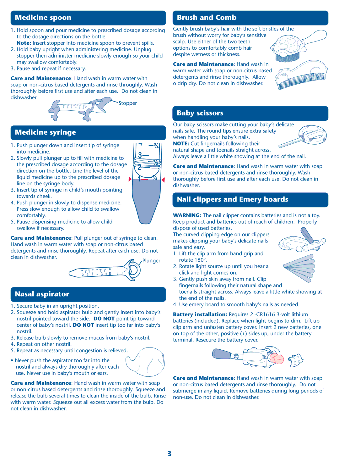 Graco PD121385B owner manual Medicine spoon Brush and Comb, Medicine syringe, Nasal aspirator, Baby scissors 