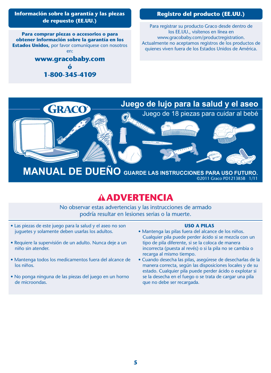 Graco PD121385B owner manual Registro del producto EE.UU, USO a Pilas 