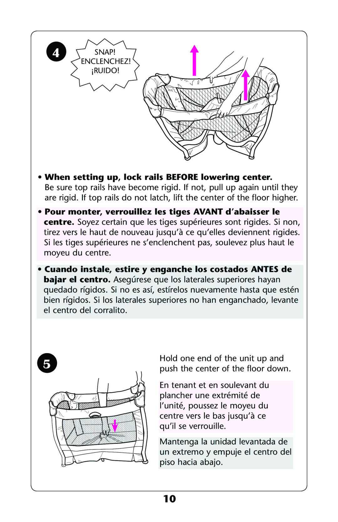 Graco PD121628C owner manual When setting up, lock rails Before lowering center 