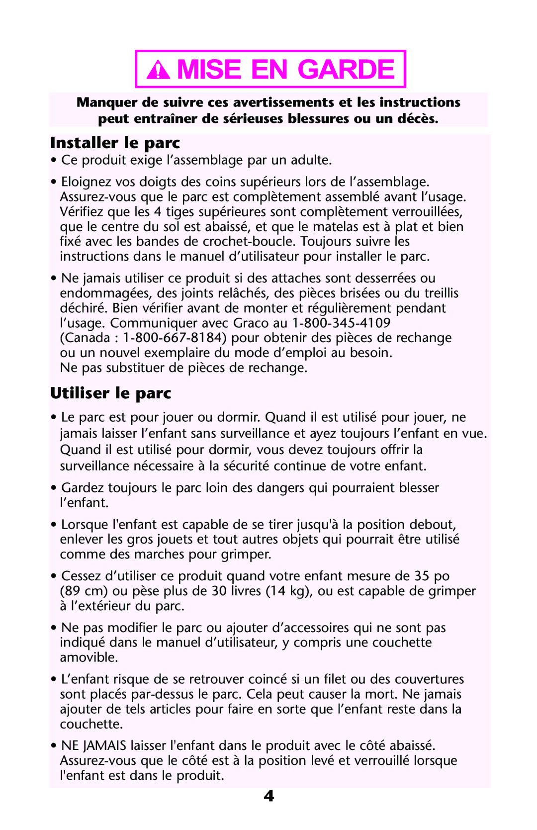 Graco PD121628C owner manual Installer le parc, Utiliser le parc 