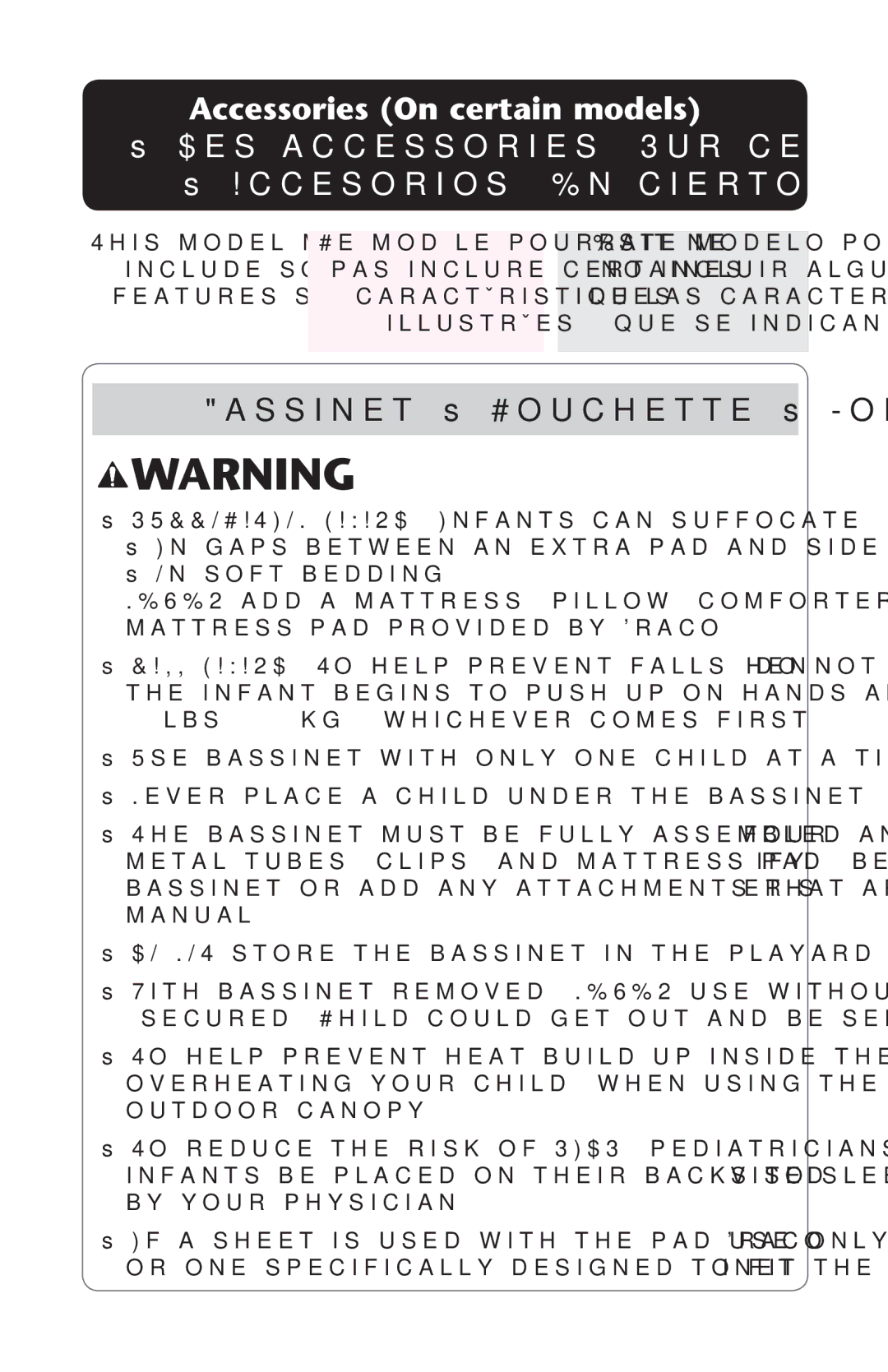 Graco PD123415A Accessories On certain models, Ss35&&/#!4/. !!2$!NFANTSACANASUFFOCATE, MATTRESSPAD Provided by RACO 