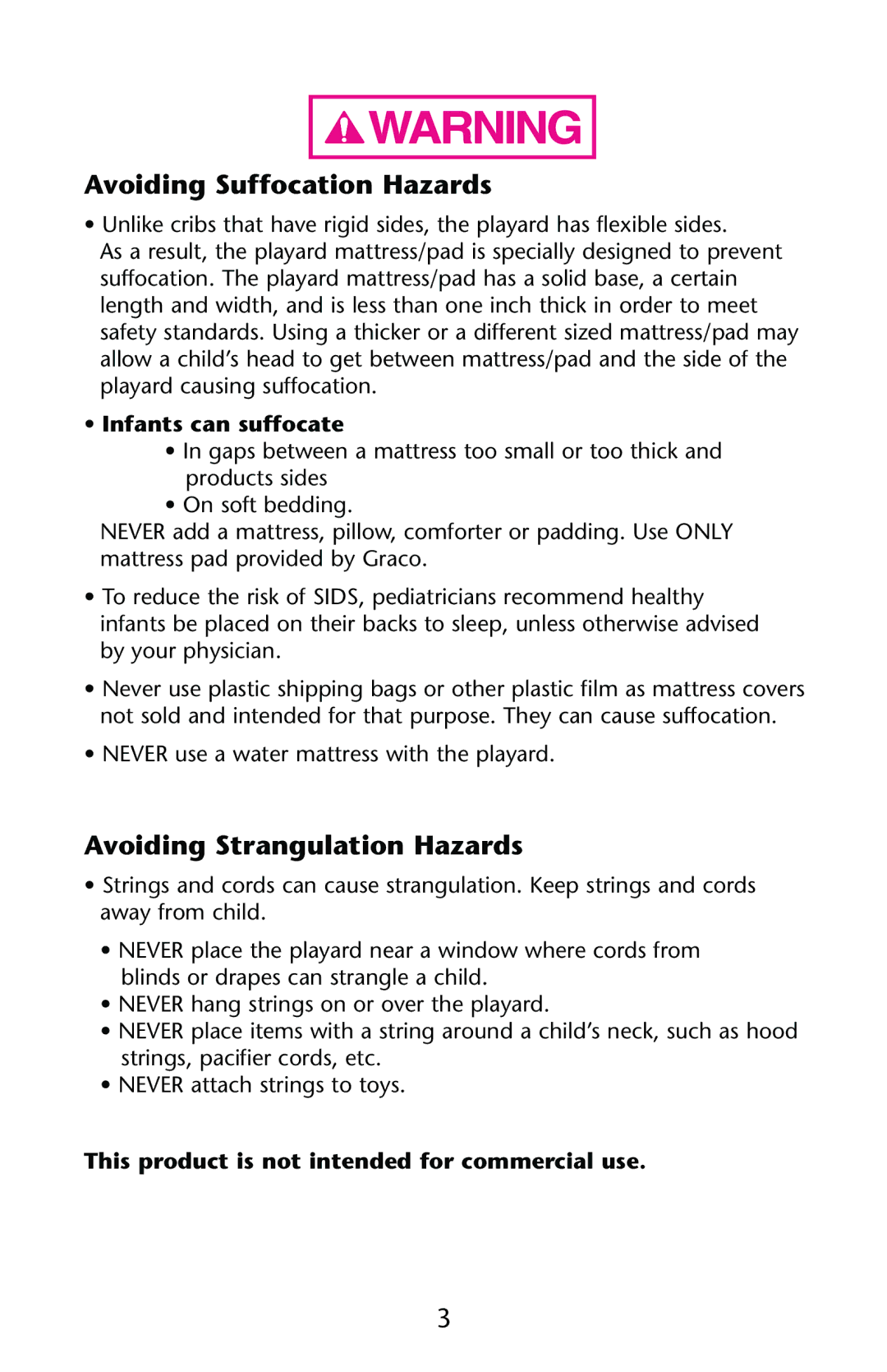 Graco PD123415B owner manual Avoiding Suffocation Hazards, Avoiding Strangulation Hazards 