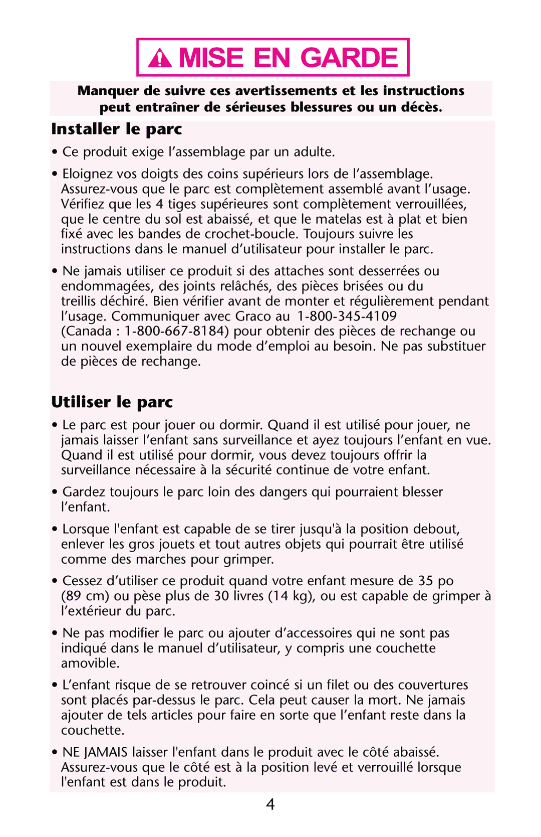 Graco PD123415B owner manual Installer le parc, Utiliser le parc 