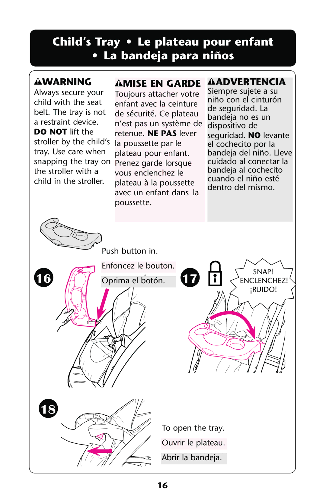 Graco PD137548A owner manual Child’s Tray Le plateau pour enfant La bandeja para niños 