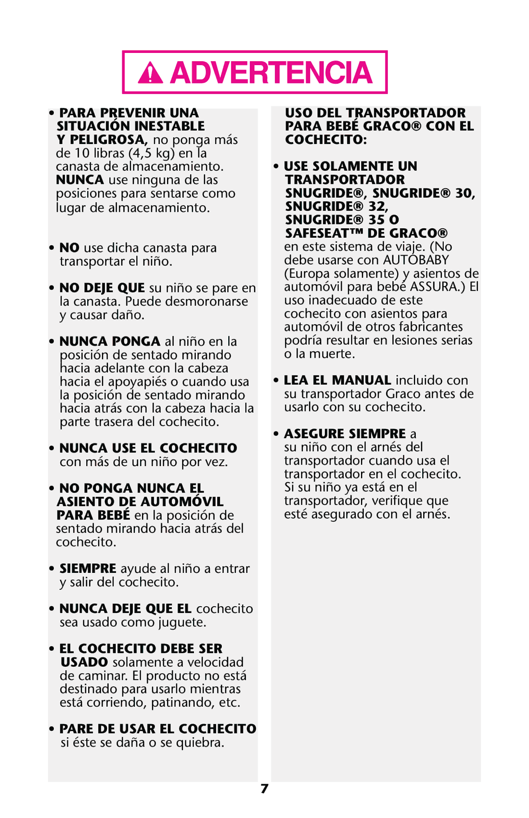 Graco PD137548A owner manual Para Prevenir UNA Situación Inestable 