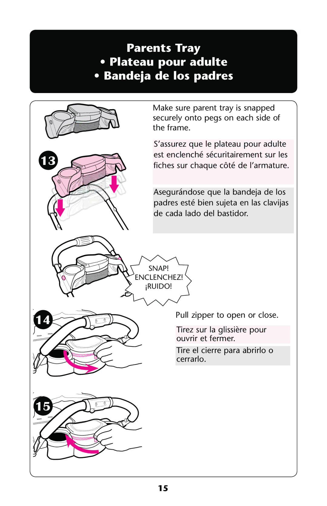 Graco PD137548A owner manual Parents Tray Plateau pour adulte Bandeja de los padres 