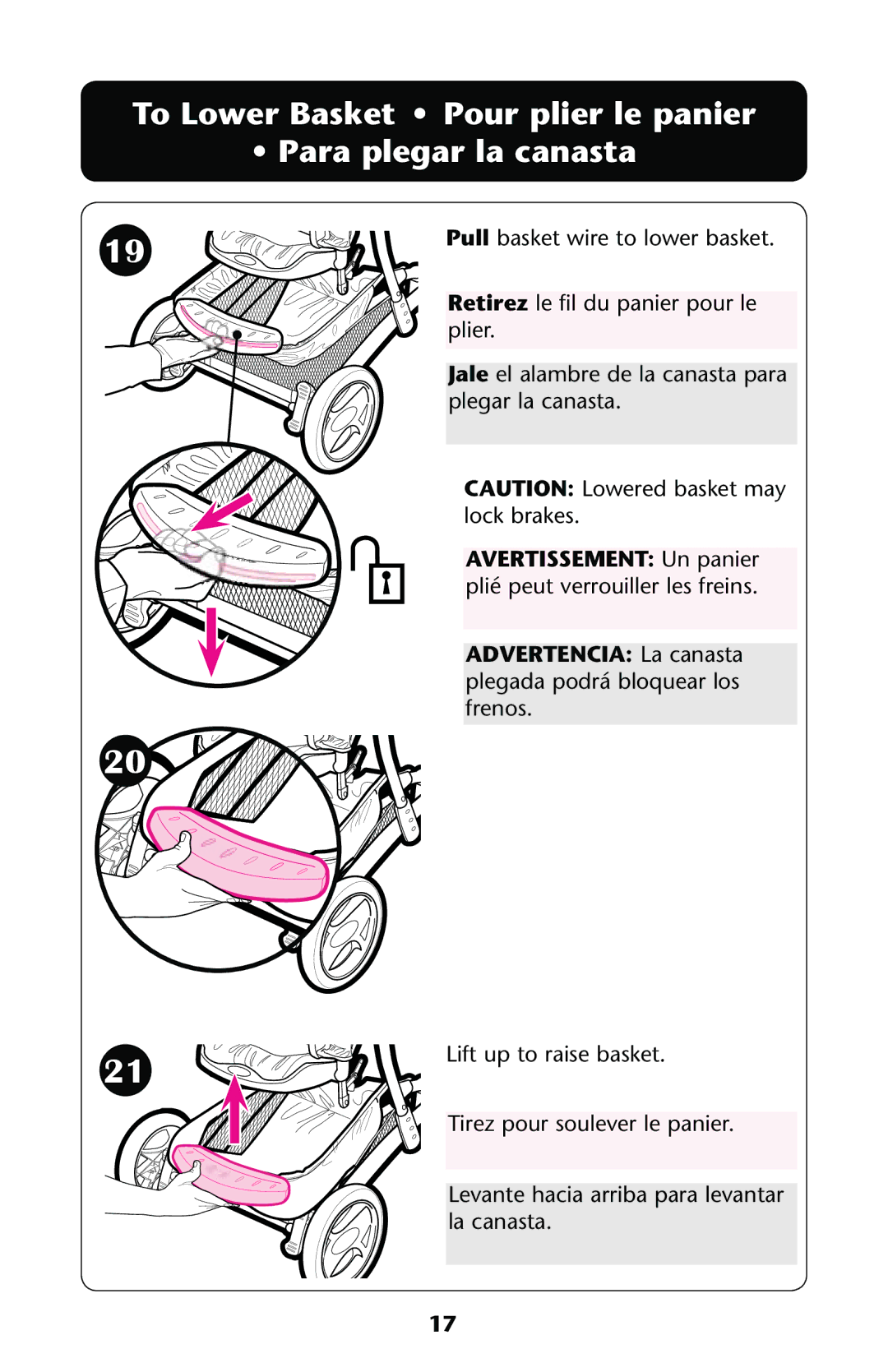 Graco PD137548A owner manual To Lower Basket Pour plier le panier Para plegar la canasta 