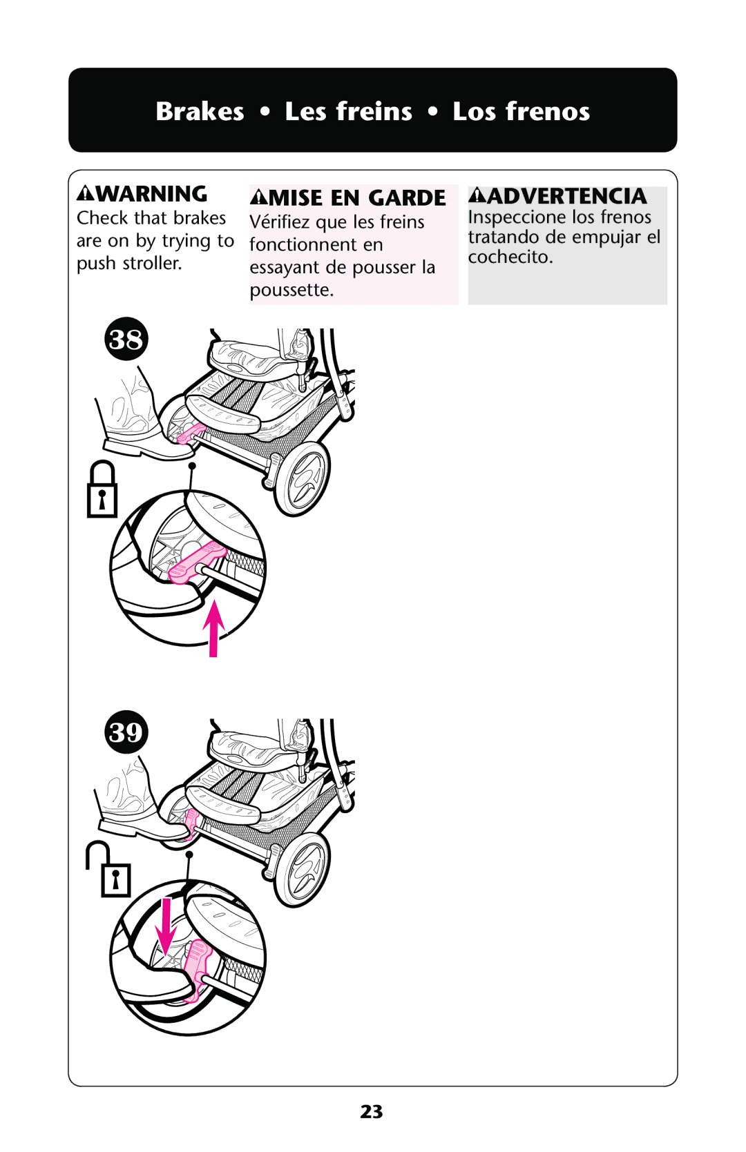 Graco PD137548A owner manual Brakes Les freins Los frenos, Mise EN Garde Advertencia 