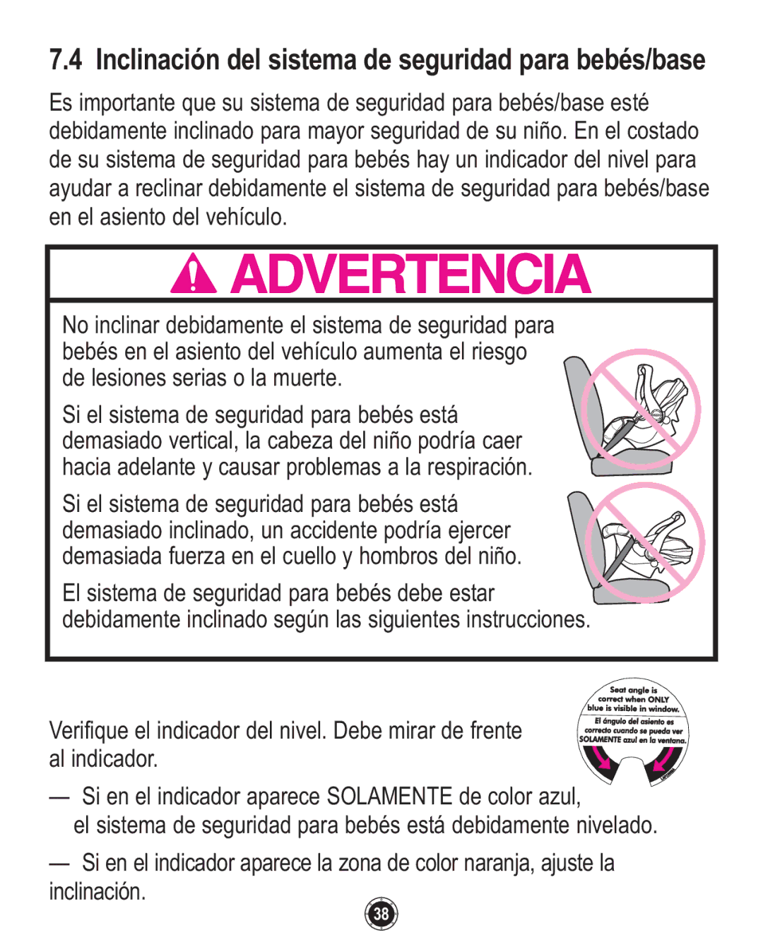 Graco PD137548B owner manual Inclinación del sistema de seguridad para bebés/base 