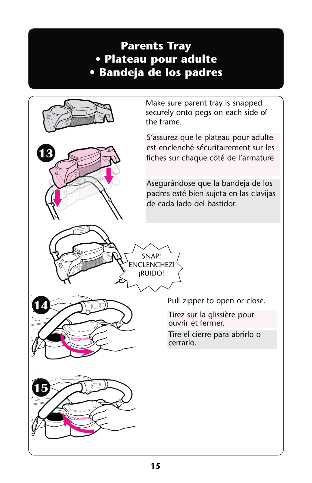 Graco PD137548B owner manual Parents Tray Plateau pour adulte Bandeja de los padres 